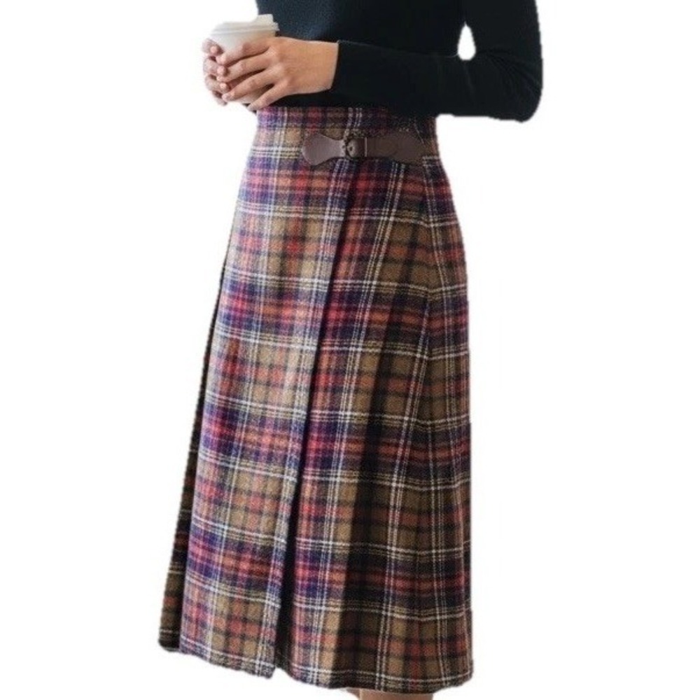 Pitlochry Wrap Skirt Scottish Wool Plaid Pleated Herringbone Womens Small